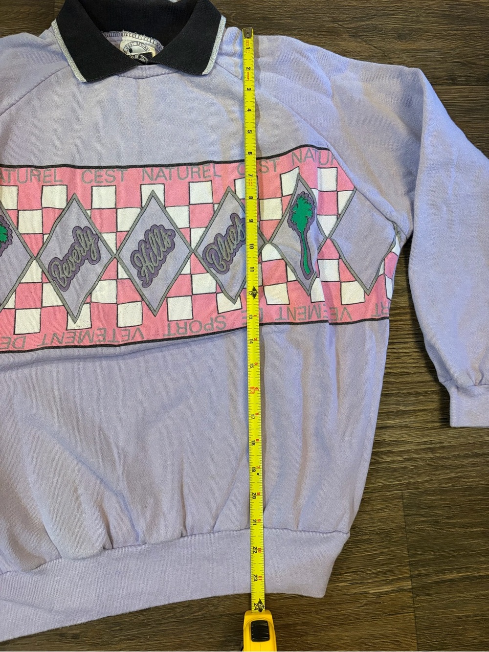 80s Women’s Pastel Palm Tree Collared Beverly Hills Club Lavendar Crewneck - Picture 5 of 8